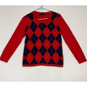 Tommy Hilfiger Pima Cotton Red Essential Argyle Vneck Sweater for Women Size S/P